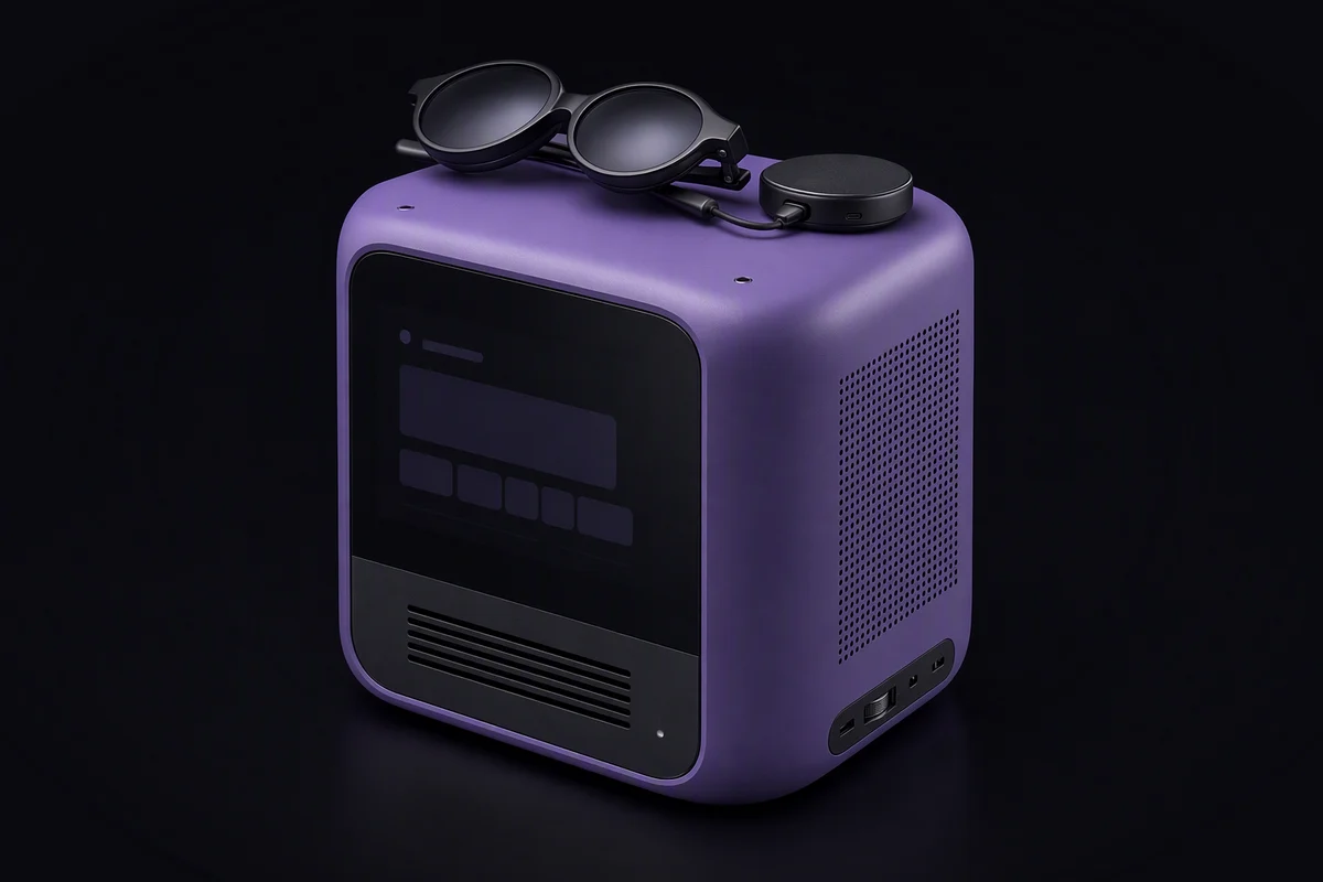 Plain rounded display glasses and a pocket compute puck lying on top of a compact office server