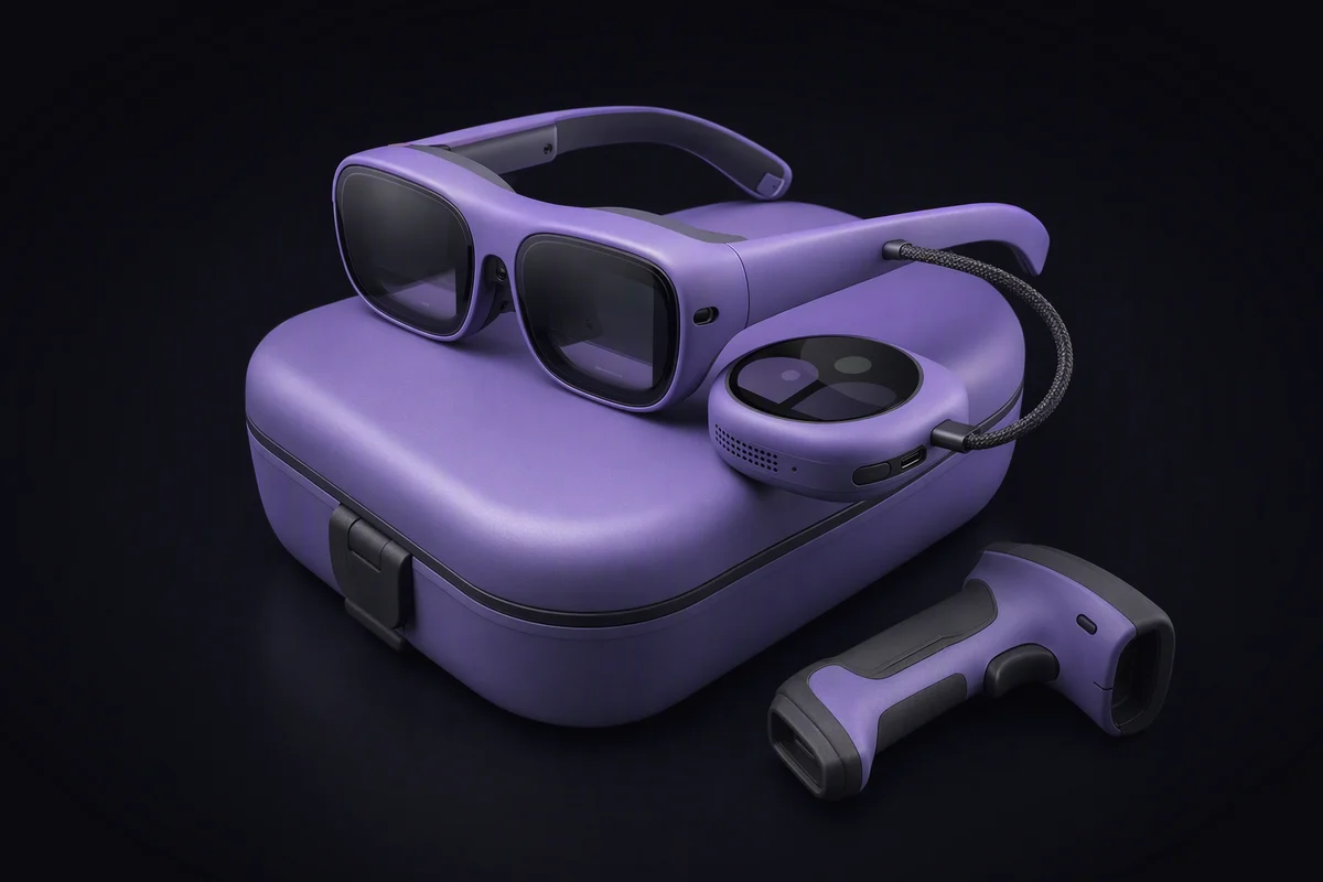 Plain rounded display glasses wired to a pocket-size compute puck, resting on the lid of a warehouse tote