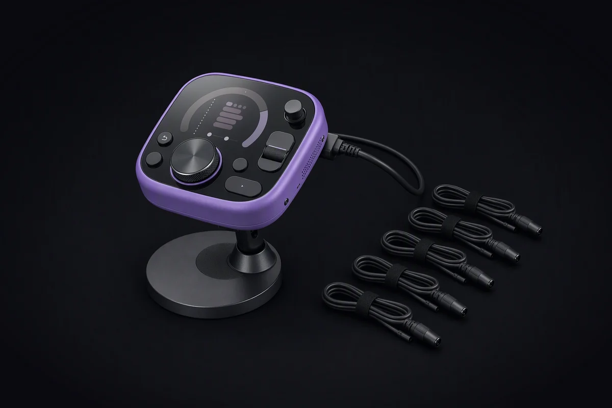 A small operations console with one cable plugged in and five unplugged cables coiled beside it