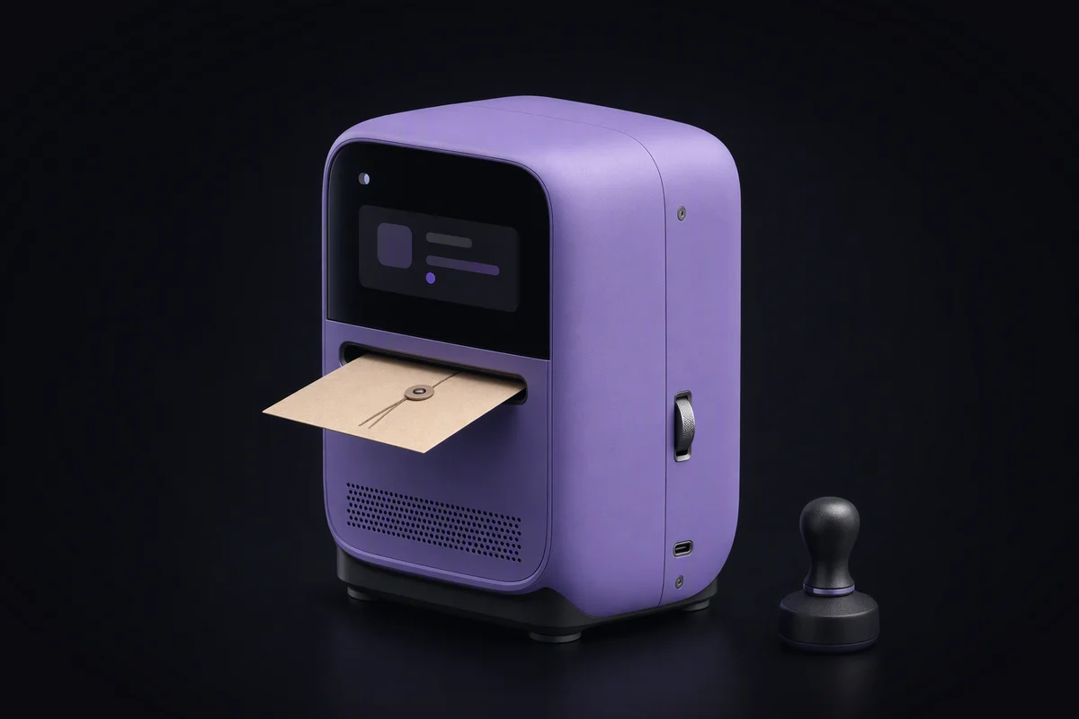 A compact office server with a sealed document envelope leaving through a small front slot, and a rubber stamp beside it